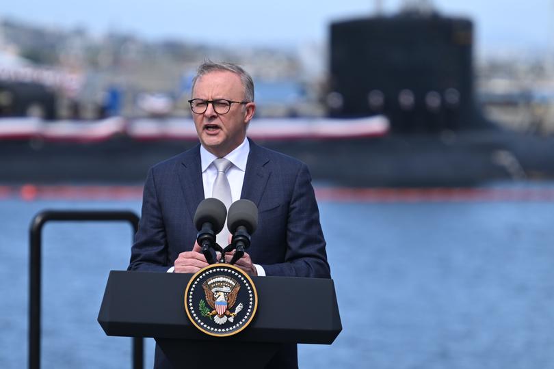 SAN DIEGO, CALIFORNIA - MARCH 13: Australian Prime Minister Anthony Albanese attends a press conference after a trilateral meeting with US President Joe Biden and British Prime Minister Rishi Sunak during the AUKUS summit  on March 13, 2023 in San Diego, California. President Biden hosts British Prime Minister Rishi Sunak and Australian Prime Minister Anthony Albanese in San Diego for an AUKUS meeting to discuss the procurement of nuclear-powered submarines under a pact between the three nations. (Photo by Leon Neal/Getty Images)