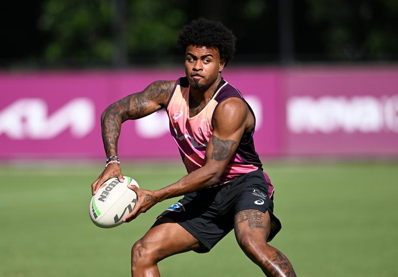 Ezra Mam in action during a Brisbane Broncos NRL training session at Clive Berghofer Field, Brisbane, Wednesday, March 13, 2024. (AAP Image/Darren England) NO ARCHIVING