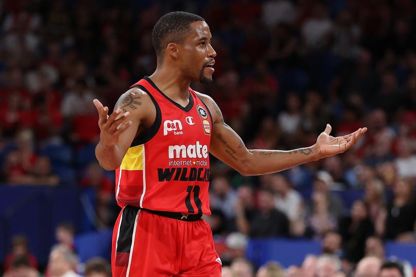 Bryce Cotton of the Wildcats reacts during game three of the NBL semifinal series.