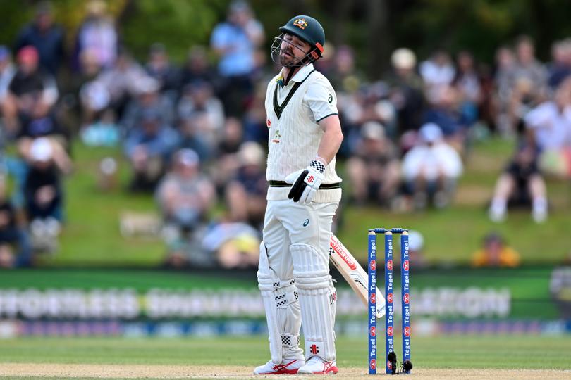 CHRISTCHURCH, NEW ZEALAND - MARCH 11: Travis Head of Australia looks dejected after being dismissed by Tim Southee of New Zealand during day four of the Second Test in the series between New Zealand and Australia at Hagley Oval on March 11, 2024 in Christchurch, New Zealand. (Photo by Kai Schwoerer/Getty Images)