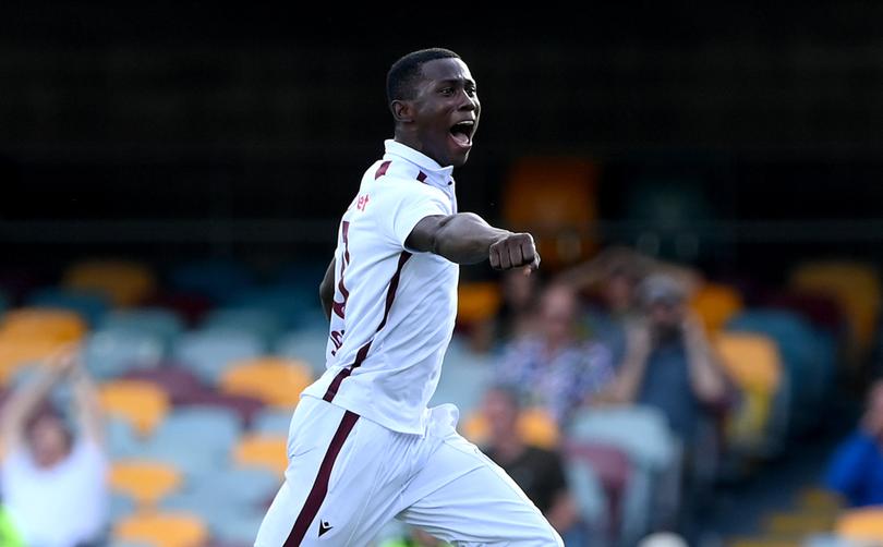 BRISBANE, AUSTRALIA - JANUARY 28: Shamar Joseph of the West Indies celebrates victory after taking the wicket of Josh Hazlewood of Australia during day four of the Second Test match in the series between Australia and West Indies at The Gabba on January 28, 2024 in Brisbane, Australia. (Photo by Bradley Kanaris/Getty Images)