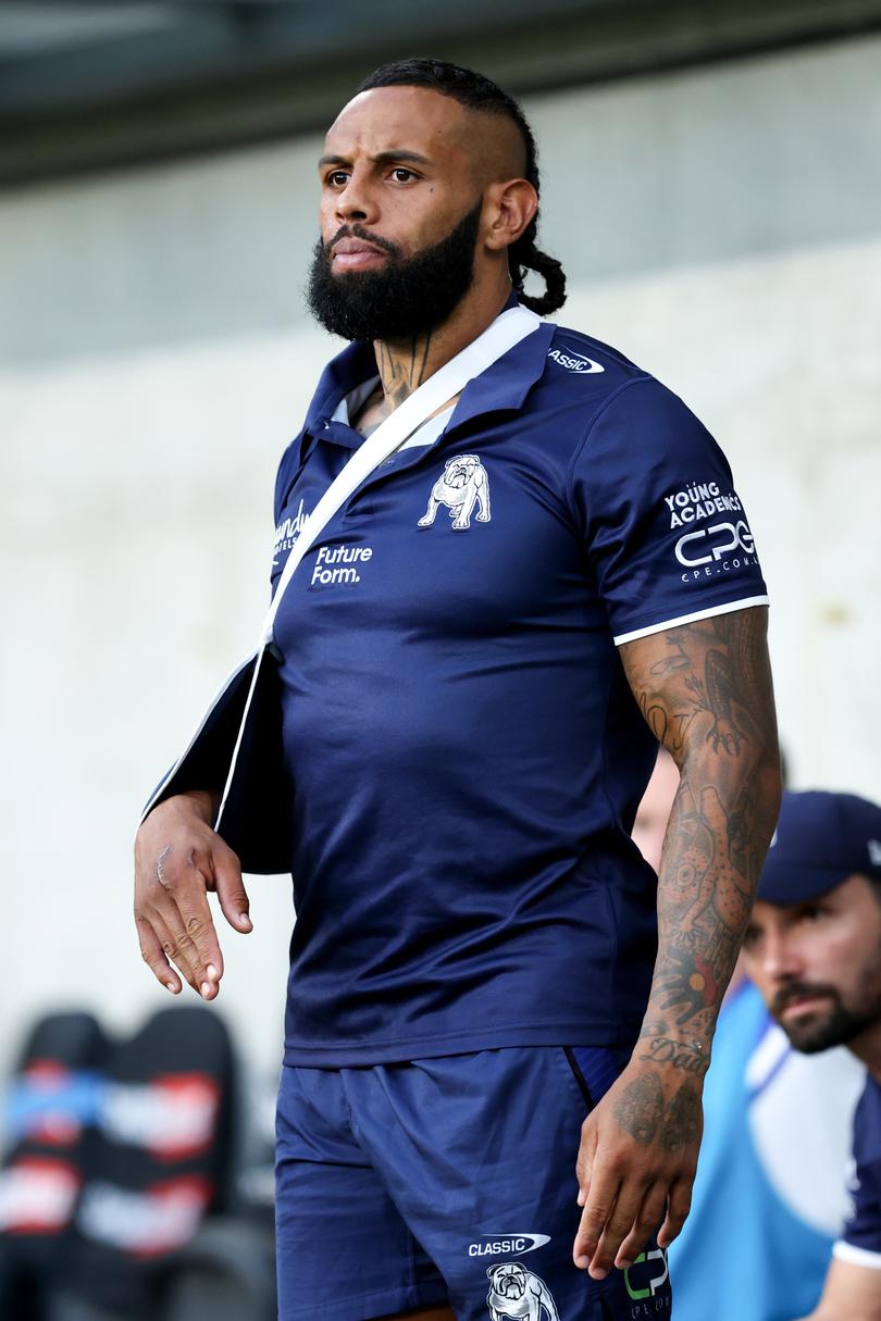 SYDNEY, AUSTRALIA - MARCH 09: Josh Addo-Carr of the Bulldogs stands on the side-line with his arm in a sling during the round one NRL match between Parramatta Eels and Canterbury Bulldogs at CommBank Stadium, on March 09, 2024, in Sydney, Australia. (Photo by Brendon Thorne/Getty Images)