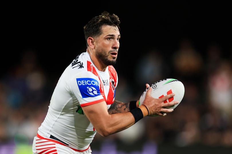 MUDGEE, AUSTRALIA - FEBRUARY 24: Jack Bird of the Dragons looks to pass during the NRL Pre-season challenge match between St George Illawarra Dragons and Wests Tigers at Glen Willow Sporting Complex on February 24, 2024 in Mudgee, Australia. (Photo by Mark Evans/Getty Images)