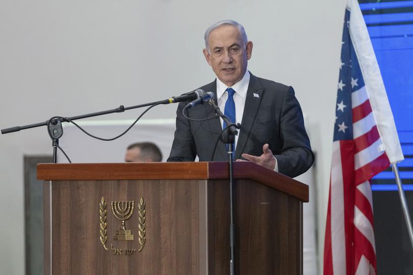 Prime Minister Benjamin Netanyahu speaks during a gathering of Jewish leaders at the Museum of Tolerance in Jerusalem, Sunday, Feb. 18, 2024. (AP Photo/Ohad Zwigenberg)