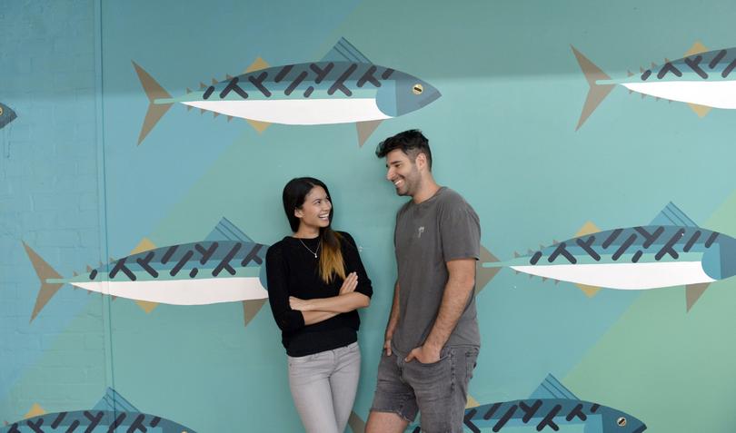Melanie Perkins and her partner Cliff Obrecht at the offices of their company Canva which is one of the world's fastest growing start-ups .
Photo Jeremy Piper