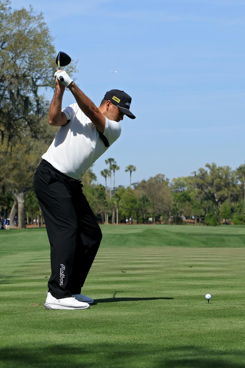 PONTE VEDRA BEACH, FLORIDA - MARCH 14: Jason Day of Australia plays his shot from the ninth tee during the first round of THE PLAYERS Championship on the Stadium Course at TPC Sawgrass on March 14, 2024 in Ponte Vedra Beach, Florida. (Photo by Sam Greenwood/Getty Images)