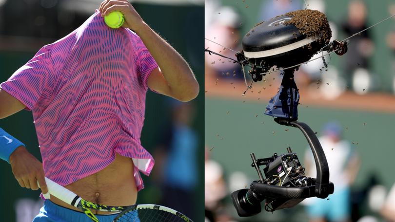 Carlos Alcaraz hides under his shirt as a swarm of bees invade the court whilst playing against Alexander Zverev.