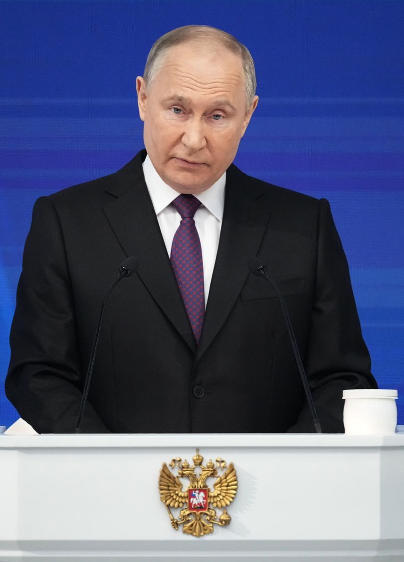 Russian President Vladimir Putin delivers his state-of-the-nation address in Moscow, Russia, Thursday, Feb. 29, 2024. (AP Photo/Alexander Zemlianichenko)