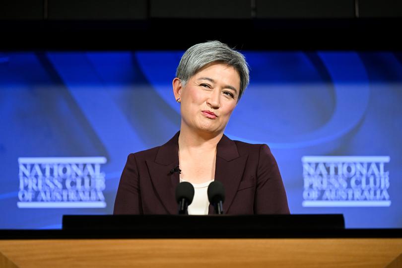 Australian Foreign Affairs Minister Senator Penny Wong addresses the National Press Club in Canberra, Monday, April 17, 2023. (AAP Image/Lukas Coch) NO ARCHIVING