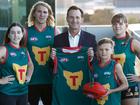 AFL CEO Andrew Dillon with Taya Parker, Oliver Kelly, Jimi Partridge and Caitlin Evans in the Devils foundation jumpers.