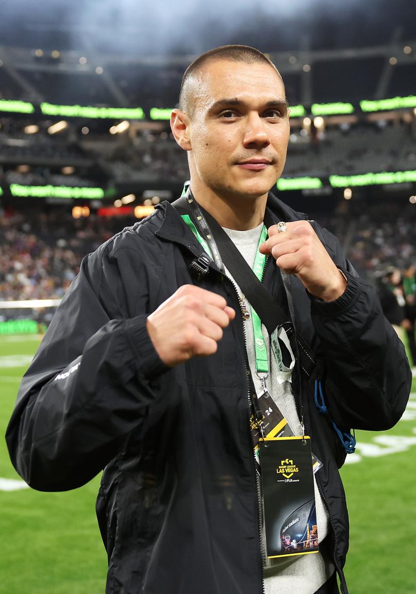 LAS VEGAS, NEVADA - MARCH 02: Australian light middleweight boxer Tim Tszyu poses on field before the round one NRL match between Manly Sea Eagles and South Sydney Rabbitohs at Allegiant Stadium, on March 02, 2024, in Las Vegas, Nevada. (Photo by Ezra Shaw/Getty Images)