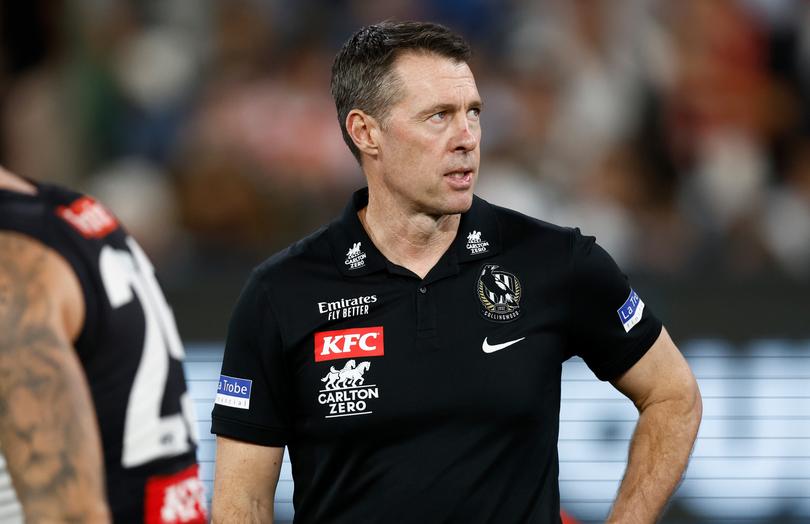 MELBOURNE, AUSTRALIA - MARCH 15: Craig McRae, Senior Coach of the Magpies looks on during the 2024 AFL Round 01 match between the Collingwood Magpies and the Sydney Swans at the Melbourne Cricket Ground on March 15, 2024 in Melbourne, Australia. (Photo by Michael Willson/AFL Photos via Getty Images)