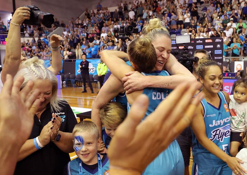 MELBOURNE, AUSTRALIA - MARCH 17: Lauren Jackson of the Flyers and Rebecca Cole (c) of the Flyers celebrate winning the WNBL Championship during the game three of the WNBL Grand Final series between Southside Flyers and Perth Lynx at Melbourne Sports Centre Parkville, on March 17, 2024, in Melbourne, Australia. (Photo by Kelly Defina/Getty Images) (Photo by Kelly Defina/Getty Images)