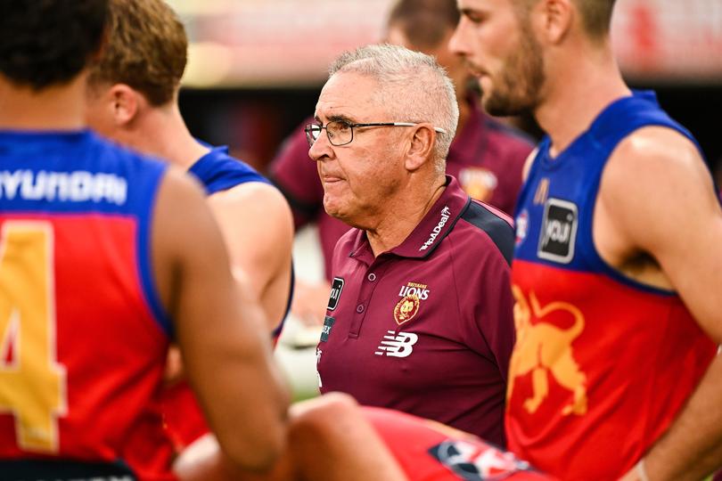 PERTH, AUSTRALIA - MARCH 17: Chris Fagan, Senior Coach of the Lions with his team at the break during the 2024 AFL Round 01 match between the Fremantle Dockers and the Brisbane Lions at Optus Stadium on March 17, 2024 in Perth, Australia. (Photo by Daniel Carson/AFL Photos via Getty Images)