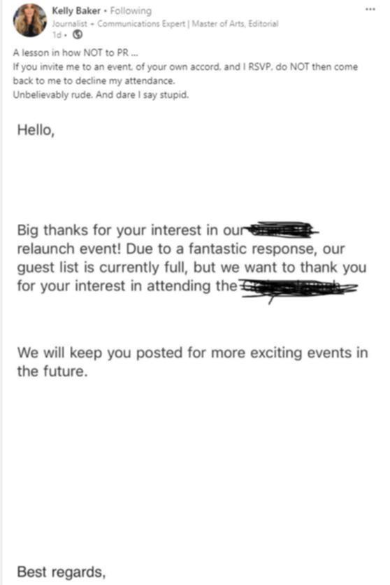 Kelly Baker shared this email from an unnamed PR company