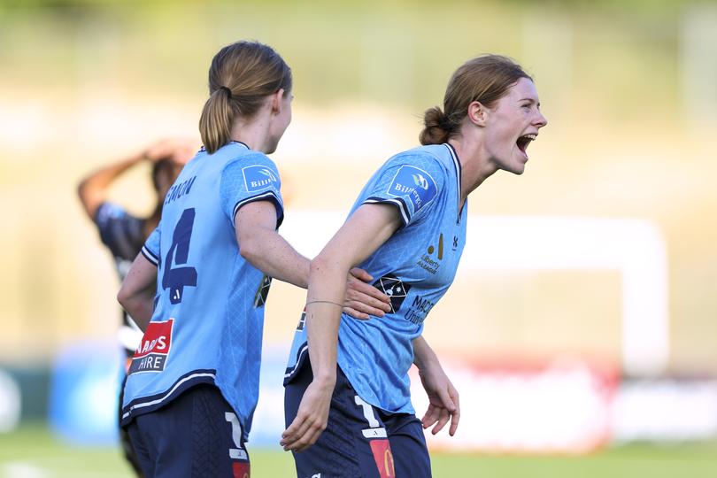 WELLINGTON, NEW ZEALAND - MARCH 17: Cortnee Vine of Sydney FC celebrate the goal of Jordan Thompson during the A-League Women round 20 match between Wellington Phoenix and Sydney FC at Porirua Park, on March 17, 2024, in Wellington, New Zealand. (Photo by Hagen Hopkins/Getty Images)