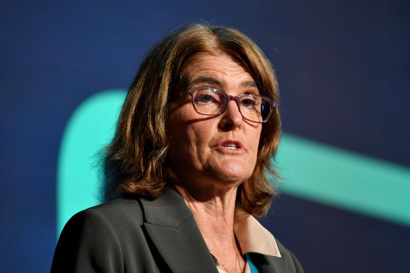 Reserve Bank of Australia (RBA) Governor Michele Bullock speaks during the the AusPayNet Summit at the International Convention Centre in Sydney, Tuesday, December 12, 2023. (AAP Image/Bianca De Marchi) NO ARCHIVING