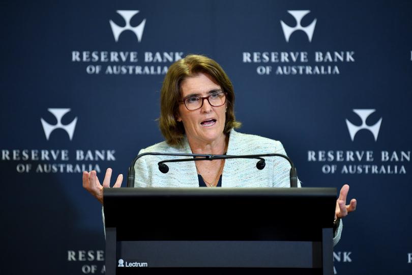 Governor of the Reserve Bank of Australia (RBA) Michele Bullock speaks to the media during a press conference in Sydney, Tuesday, February 6, 2024. (AAP Image/Bianca De Marchi) NO ARCHIVING