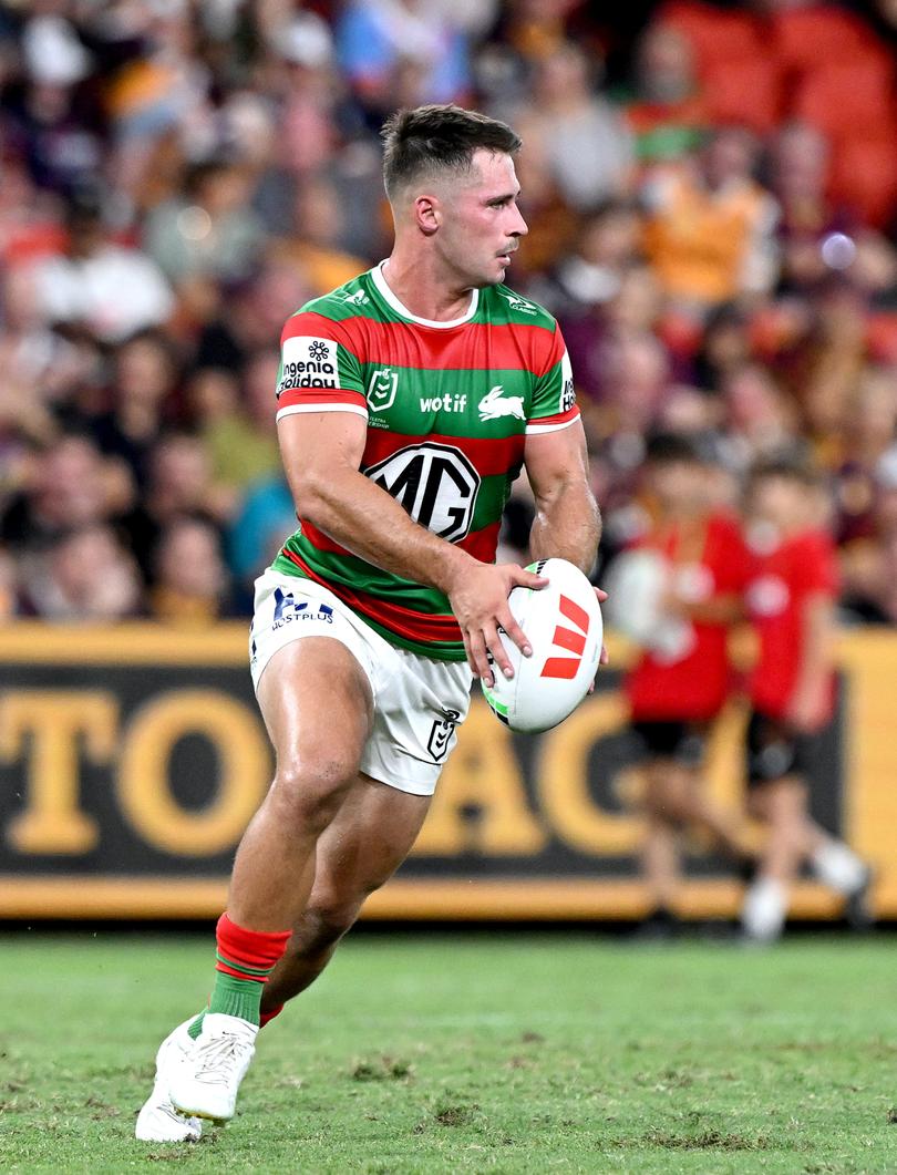 BRISBANE, AUSTRALIA - MARCH 14: Lachlan Ilias of the Rabbitohs in action during the round two NRL match between the Brisbane Broncos and South Sydney Rabbitohs at Suncorp Stadium, on March 14, 2024, in Brisbane, Australia. (Photo by Bradley Kanaris/Getty Images)
