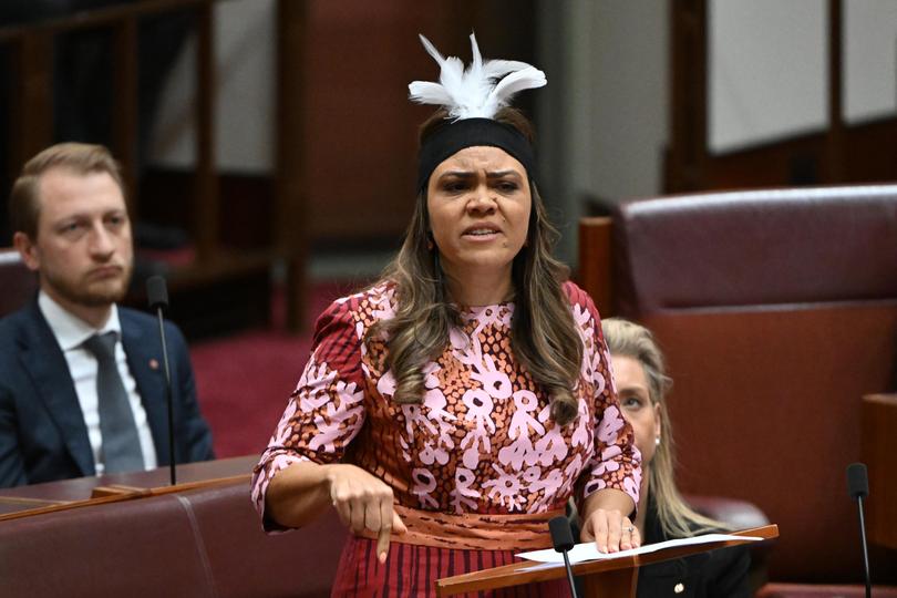 Senator Jacinta Price making her maiden speech in the Senate chamber at Parliament House in Canberra.