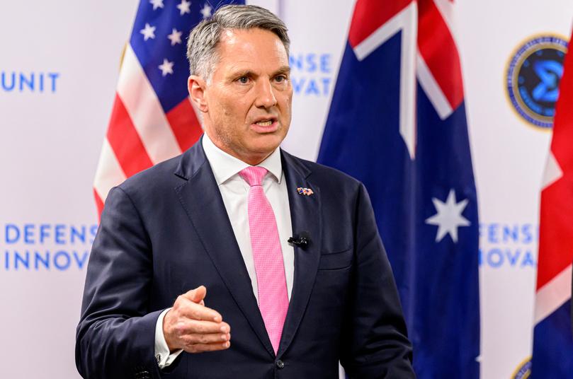 Australian Defense Minister Richard Marles speaks during a joint press conference with the US Defense Secretary and the British Defense Secretary during the AUKUS Defense Ministerial Meeting in Mountain View, California, on December 1, 2023. (Photo by JOSH EDELSON / AFP)