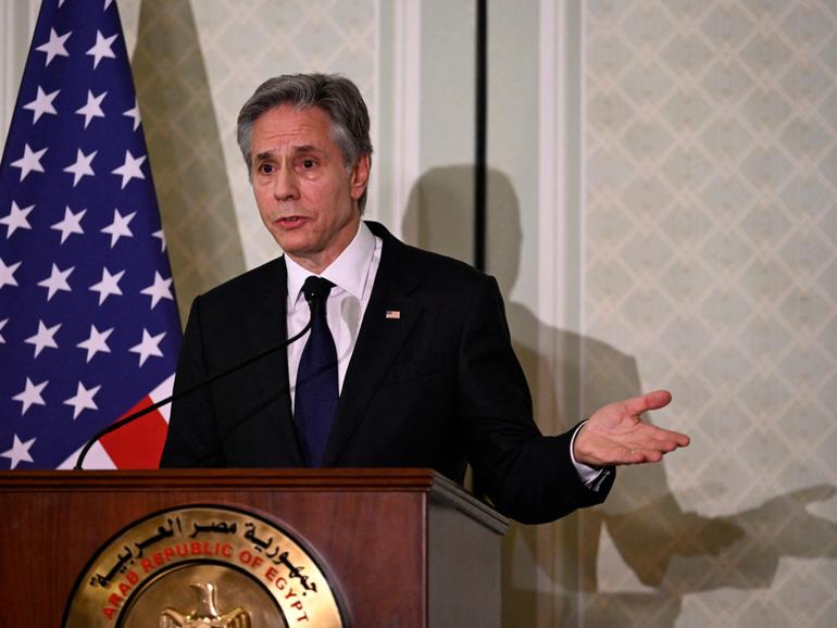 US Secretary of State Antony Blinken speaks during a joint press conference with Egypt's foreign minister on Thursday.