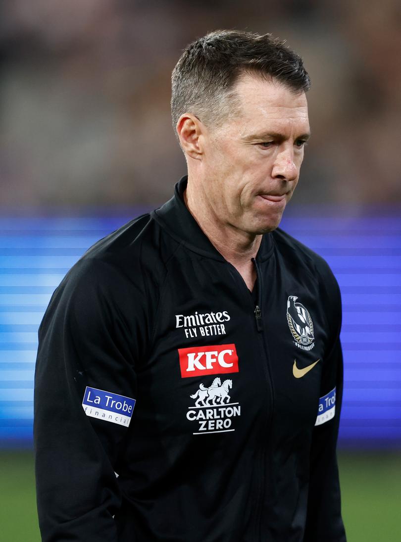 MELBOURNE, AUSTRALIA - MARCH 21: Craig McRae, Senior Coach of the Magpies looks on during the 2024 AFL Round 02 match between the St Kilda Saints and the Collingwood Magpies at the Melbourne Cricket Ground on March 21, 2024 in Melbourne, Australia. (Photo by Michael Willson/AFL Photos via Getty Images)