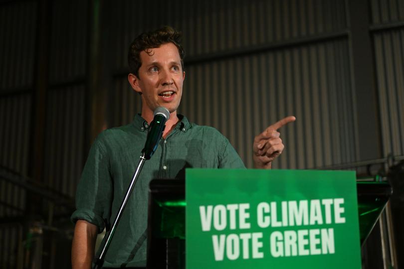 BRISBANE, AUSTRALIA - MAY 16: Greens candidate for the seat of Griffith Max Chandler-Mather speaks during the Greens national campaign launch at Black Hops Brewery on May 16, 2022 in Brisbane, Australia. The Australian federal election will be held on Saturday 21 May, 2022. (Photo by Dan Peled/Getty Images)