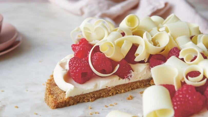 The simplest raspberry & cream tart with chocolate curls