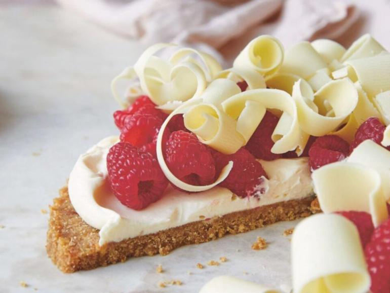 The simplest raspberry & cream tart with chocolate curls
