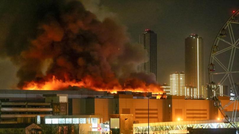 A massive blaze is seen over the Crocus City Hall