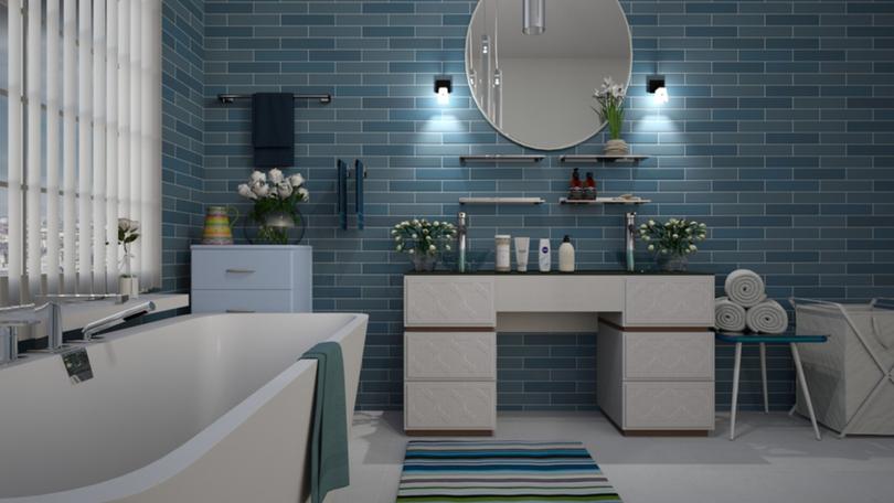 bathroom, blue, tile