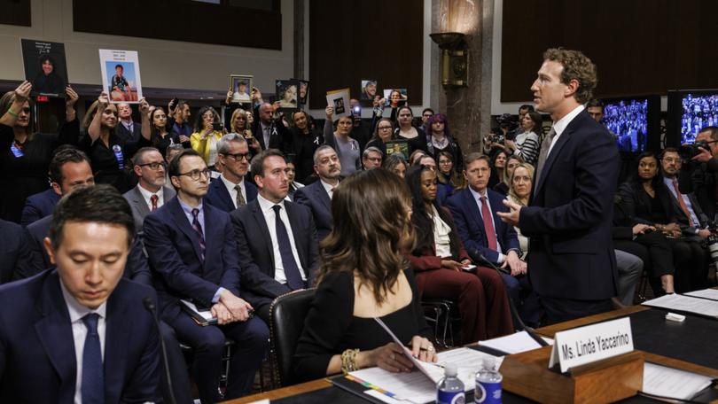 Mark Zuckerberg, chief executive of Meta, addresses the audience during a Senate Judiciary Committee hearing.