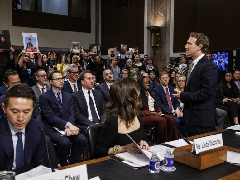 Mark Zuckerberg, chief executive of Meta, addresses the audience during a Senate Judiciary Committee hearing.