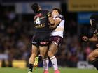 NRL football boss Graham Annesley says Taylan May should have been charged over this hit on Reece Walsh. (Mark Evans/AAP PHOTOS)