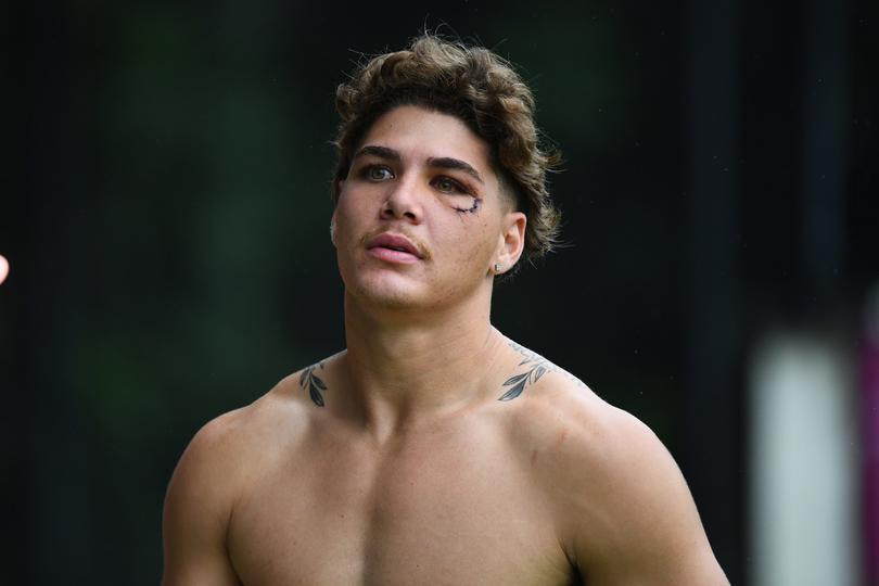 Reece Walsh of the Broncos looks on during a Brisbane Broncos NRL training session at Red Hill, Brisbane, Monday, March 25, 2024. (AAP Image/Jono Searle) NO ARCHIVING, EDITORIAL USE ONLY