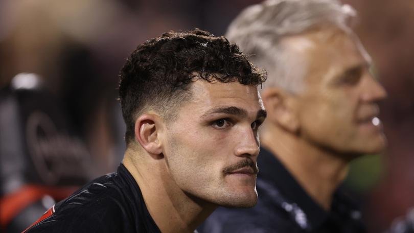 Nathan Cleary of the Panthers looks on from the bench during the round three NRL match between Penrith Panthers and Brisbane Broncos.