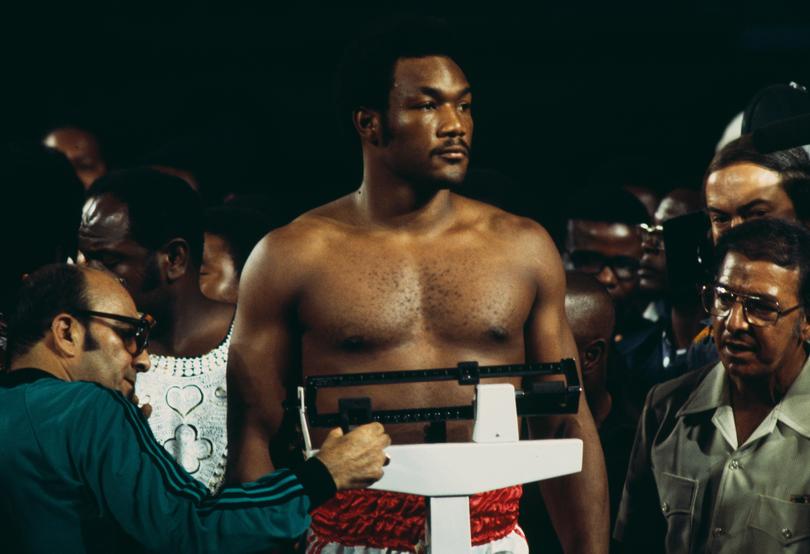 George Foreman pictured during weigh-in ahead of his fight against challenger Muhammad Ali in Kinshasa, Zaire in 1974. 
