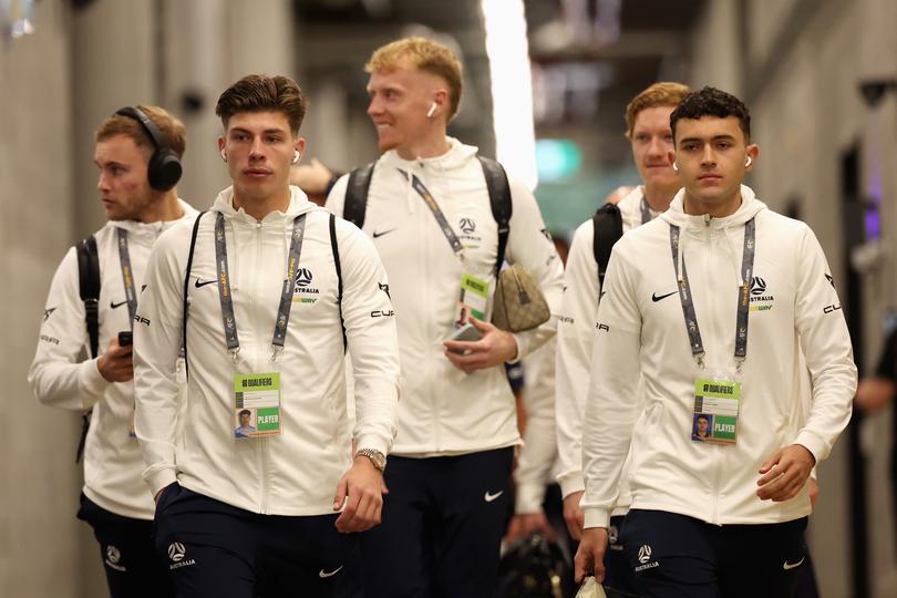 SYDNEY, AUSTRALIA - MARCH 21: Jordan Bos of Australia, Patrick Yazbek of Australia and team mates arrive ahead of the FIFA World Cup 2026 Qualifier match between Australia Socceroos and Lebanon at CommBank Stadium on March 21, 2024 in Sydney, Australia. (Photo by Cameron Spencer/Getty Images)