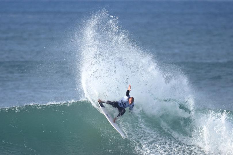 BELLS BEACH, AUSTRALIA - MARCH 26: Kelly Slater of the United States surfs in their first heat during the 2024 Rip Curl Pro Bells Beach on March 26, 2024 in Bells Beach, Australia. (Photo by Morgan Hancock/Getty Images)