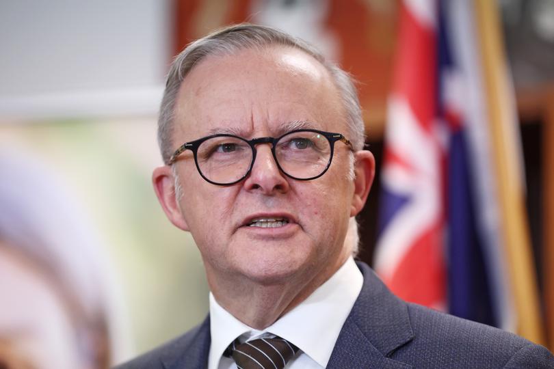 Prime Minister Anthony Albanese during a press conference held at Senator Louise Pratt's office in Perth.  Senator Louise Pratt will retire from Federal Politics at the next election.