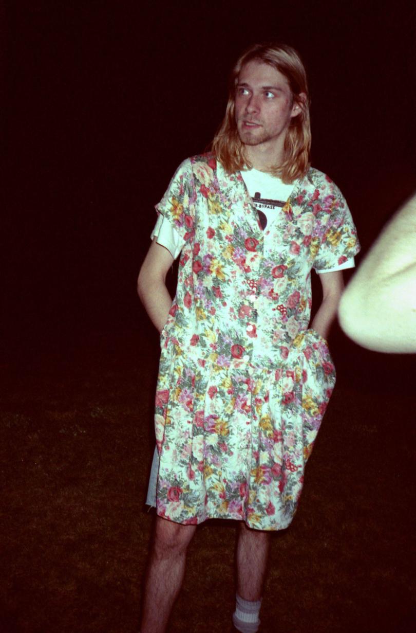 Kurt Cobain in a floral dress in April 1990