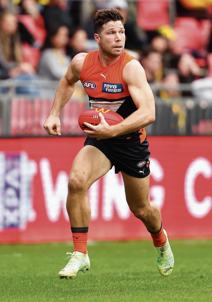SYDNEY, AUSTRALIA - JUNE 04: Toby Greene of the Giants runs with the ball during the round 12 AFL match between Greater Western Sydney Giants and Richmond Tigers at GIANTS Stadium, on June 04, 2023, in Sydney, Australia. (Photo by Mark Kolbe/Getty Images via AFL Photos)