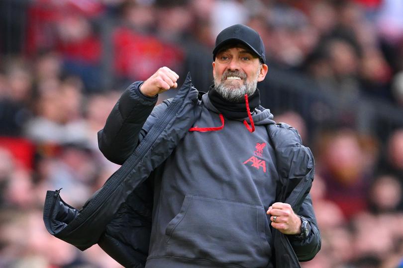MANCHESTER, ENGLAND - MARCH 17: Jurgen Klopp, Manager of Liverpool, celebrates after Wataru Endo of Liverpool (not pictured) scores a goal, which is later ruled out for an offside decision, during the Emirates FA Cup Quarter Final between Manchester United and Liverpool FC at Old Trafford on March 17, 2024 in Manchester, England. (Photo by Stu Forster/Getty Images)