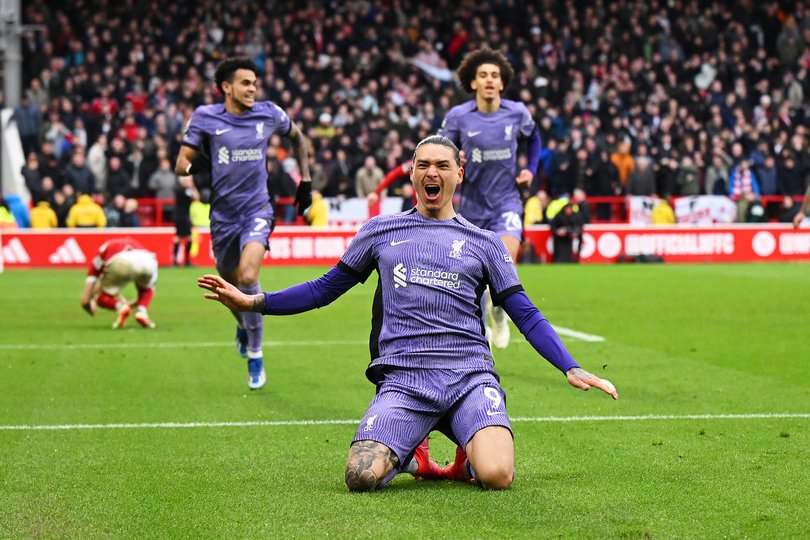 NOTTINGHAM, ENGLAND - MARCH 02: Darwin Nunez of Liverpool celebrates scoring his team's first goal during the Premier League match between Nottingham Forest and Liverpool FC at the City Ground on March 02, 2024 in Nottingham, England. (Photo by Shaun Botterill/Getty Images)