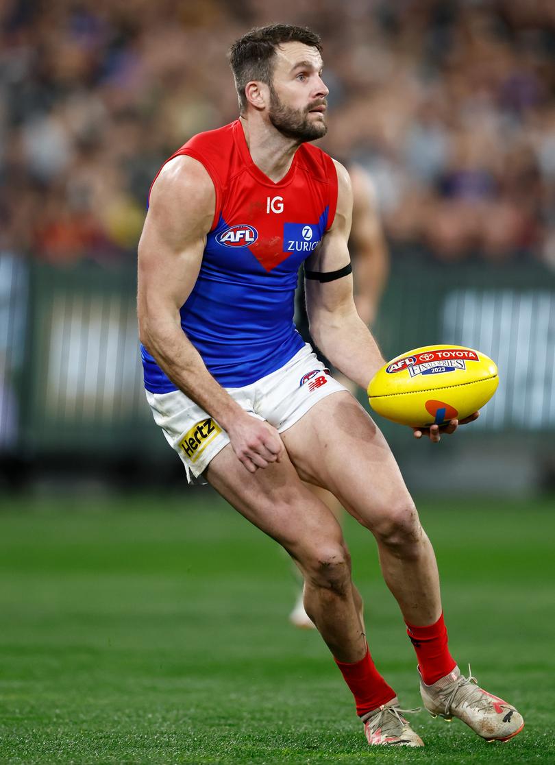 MELBOURNE, AUSTRALIA - SEPTEMBER 07: Joel Smith of the Demons in action during the 2023 AFL First Qualifying Final match between the Collingwood Magpies and the Melbourne Demons at Melbourne Cricket Ground on September 07, 2023 in Melbourne, Australia. (Photo by Michael Willson/AFL Photos)