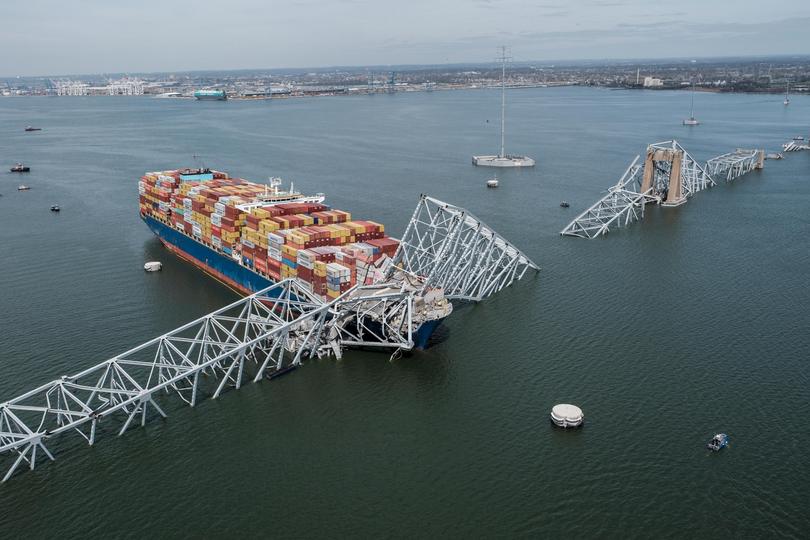 The remains of the Francis Scott Key Bridge on March 26, 2024 in Baltimore.