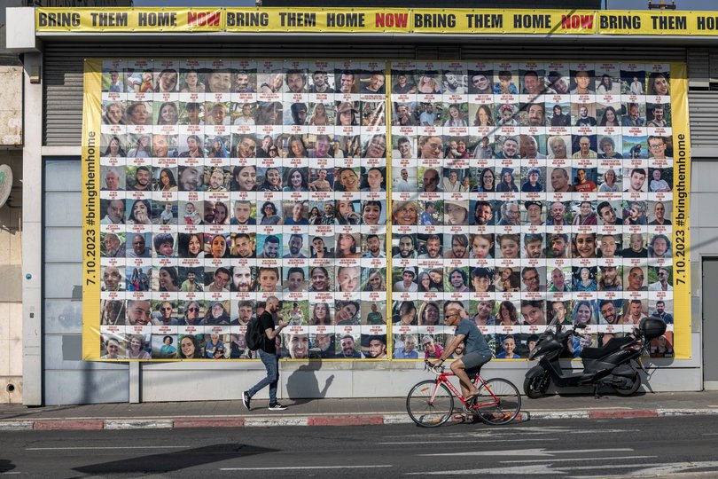 A poster in Tel Aviv on Friday, Nov. 24, 2023, calling for the return of hostages abducted by Hamas.  