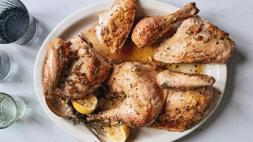 Crispy Parmesan Roast Chicken with Lemon in New York on Jan. 8, 2020. You can rub your bird down with salt, or you can try Melissa Clark’s latest trick for an exterior that crackles like a potato chip. Food stylist: Rebecca Jurkevich. (Johnny Miller/The New York Times)