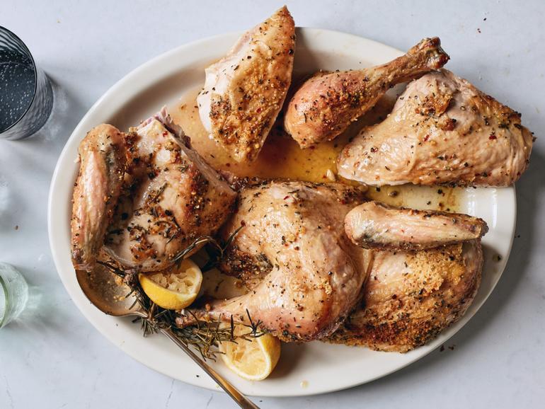 Crispy Parmesan Roast Chicken with Lemon in New York on Jan. 8, 2020. You can rub your bird down with salt, or you can try Melissa Clark’s latest trick for an exterior that crackles like a potato chip. Food stylist: Rebecca Jurkevich. (Johnny Miller/The New York Times)